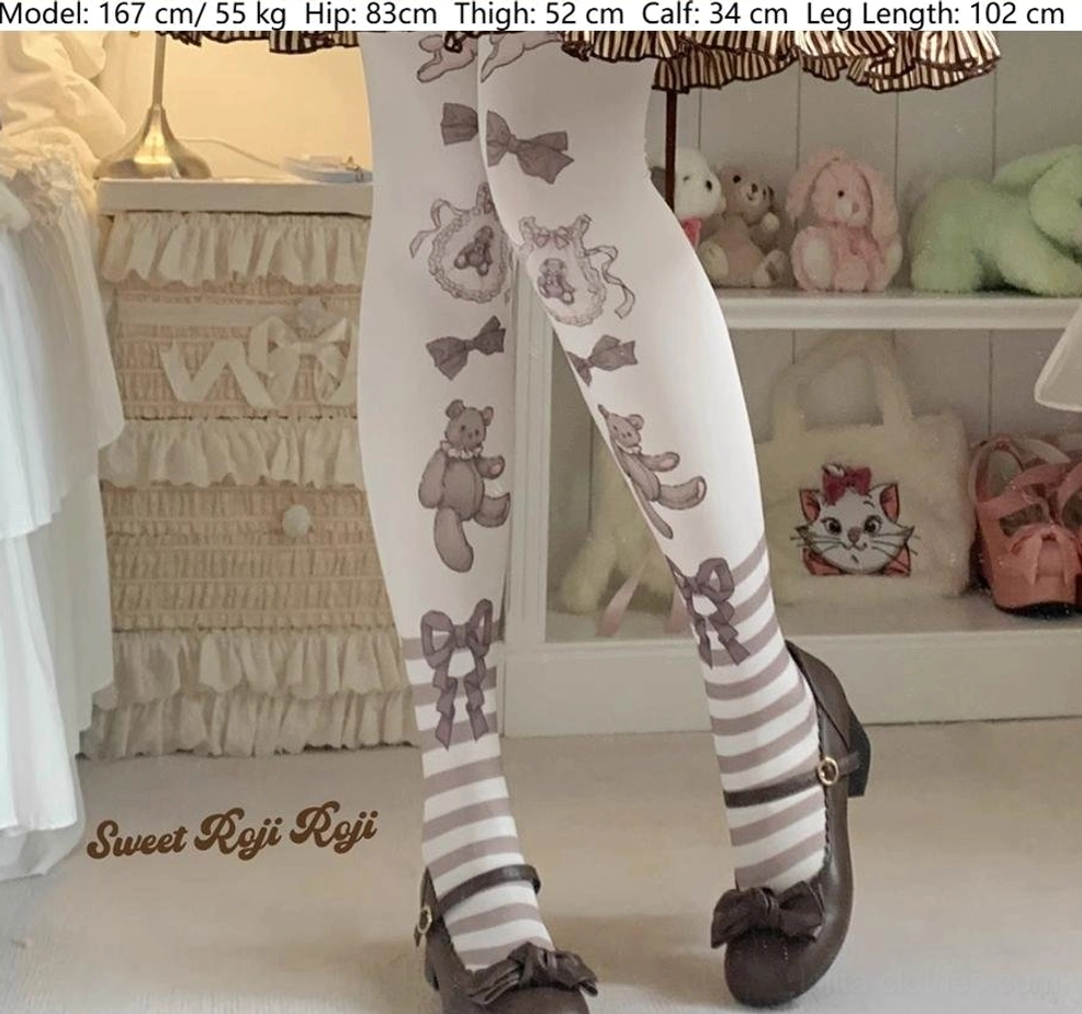 Sweet lolita printed tights front view low angle showing mixed bear bow and wreath prints with model measurements 167cm 55kg hip 83cm in vintage doll bedroom scene