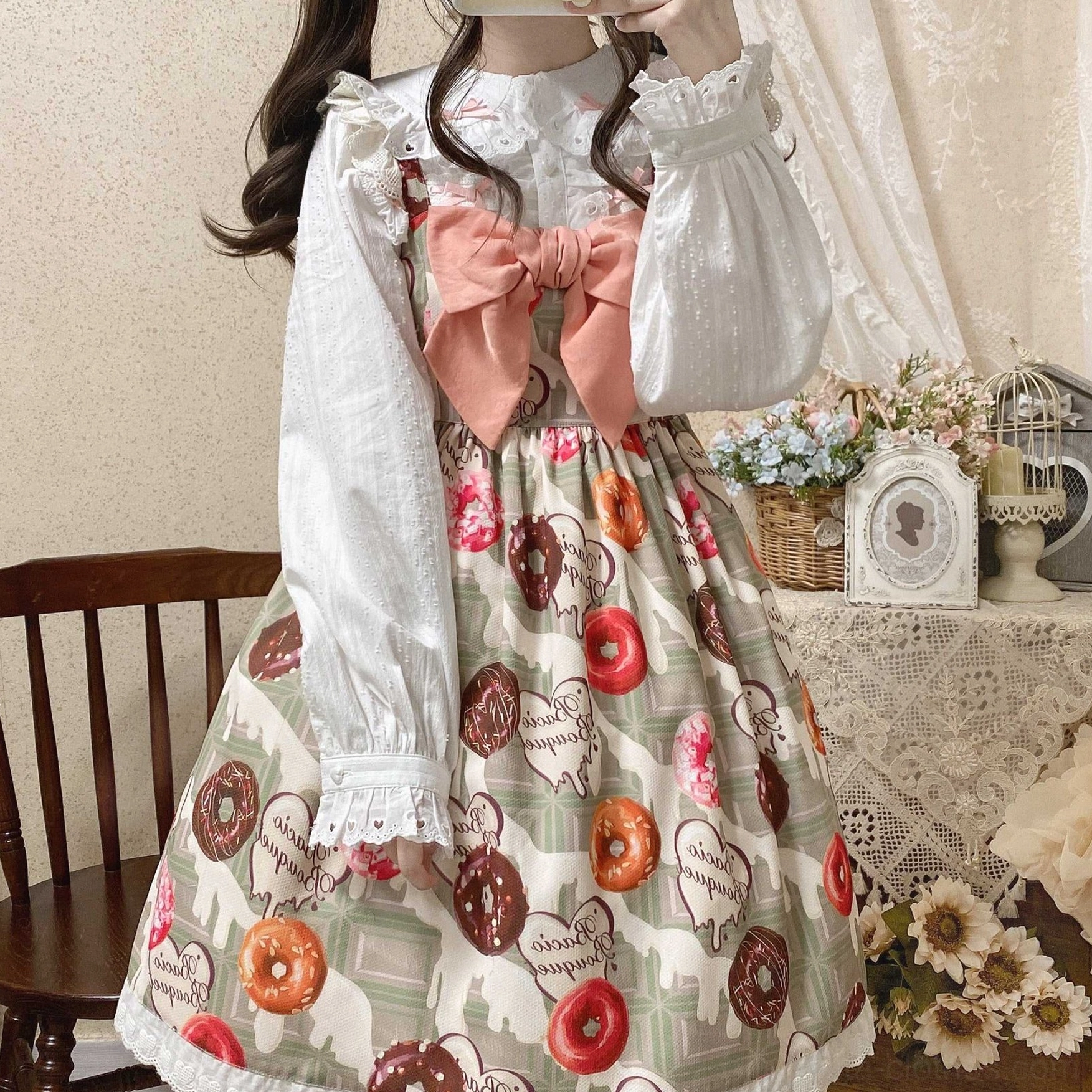 Sweet lolita doll collar blouse multicolor cotton with puff sleeves lace cuffs and button front
