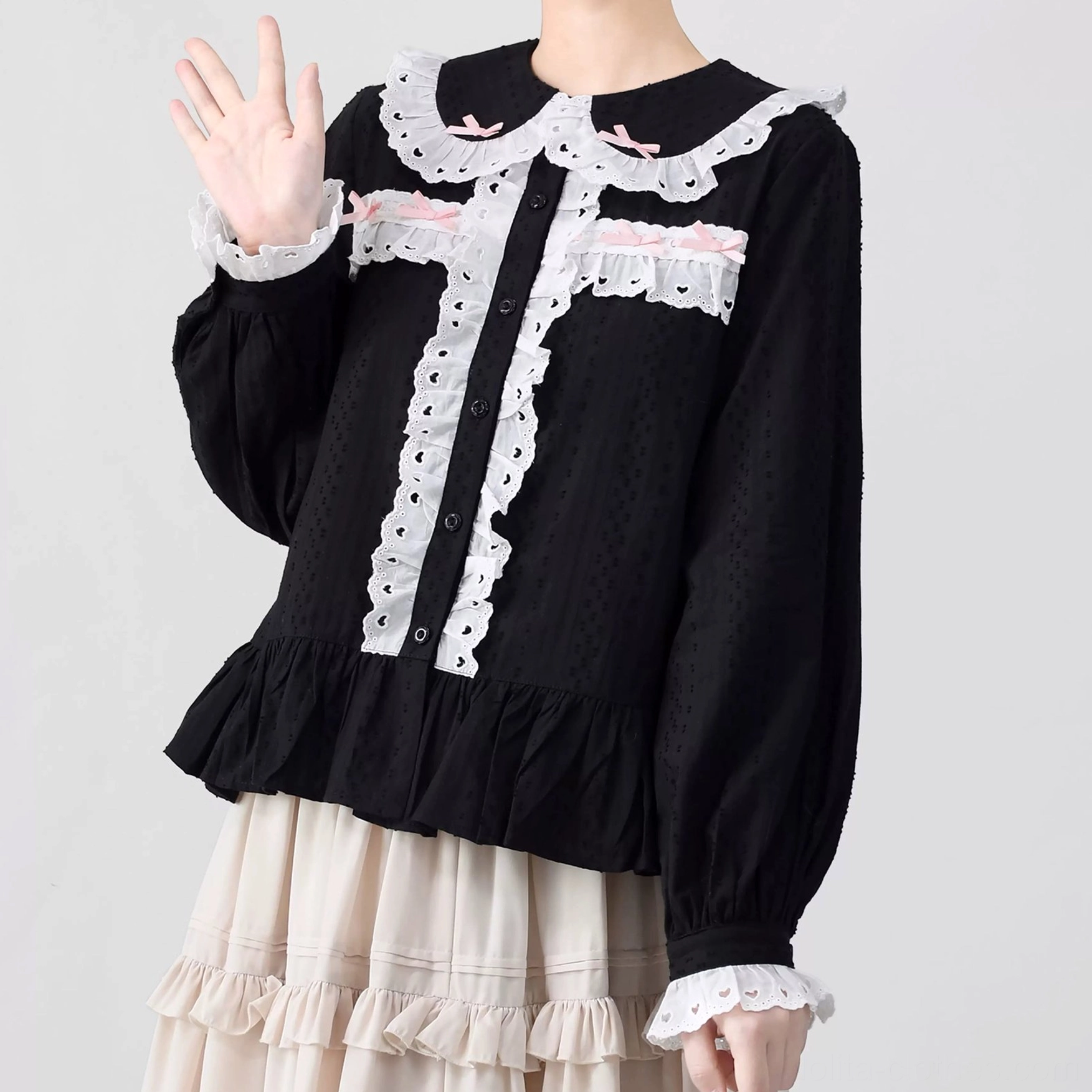 Sweet lolita multicolor doll collar blouse size guide cotton fabric puff sleeves lace trim details