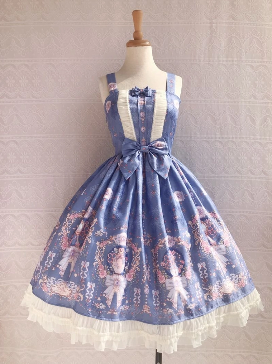 Navy blue sweet lolita sleeveless JSK dress with pink purple vintage print frilled white lace hem large front waist bow classic lolita silhouette