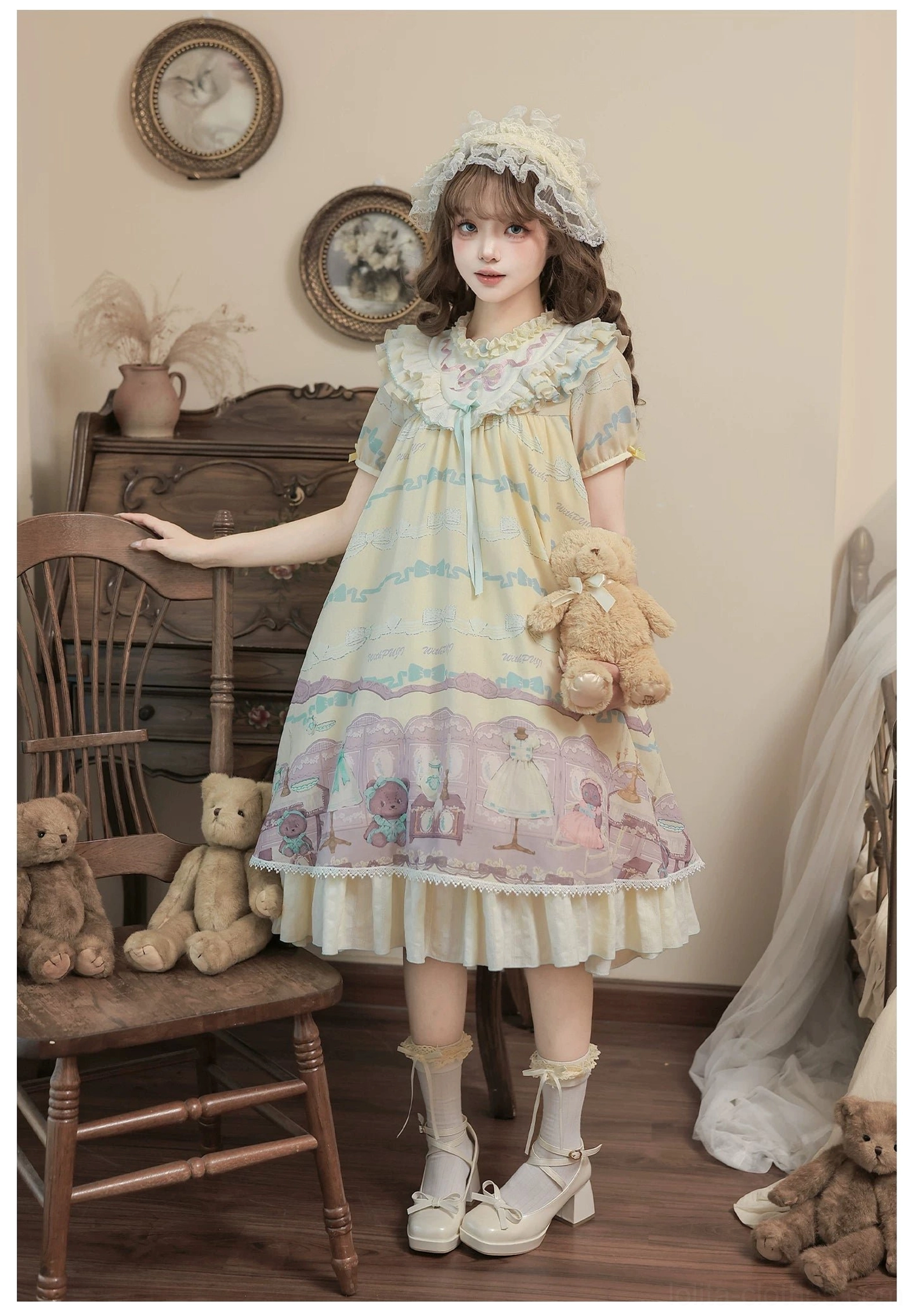 Kawaii lolita op dress worn with coordinating accessories lace bonnets pearl necklace and Mary Jane shoes vintage pairing