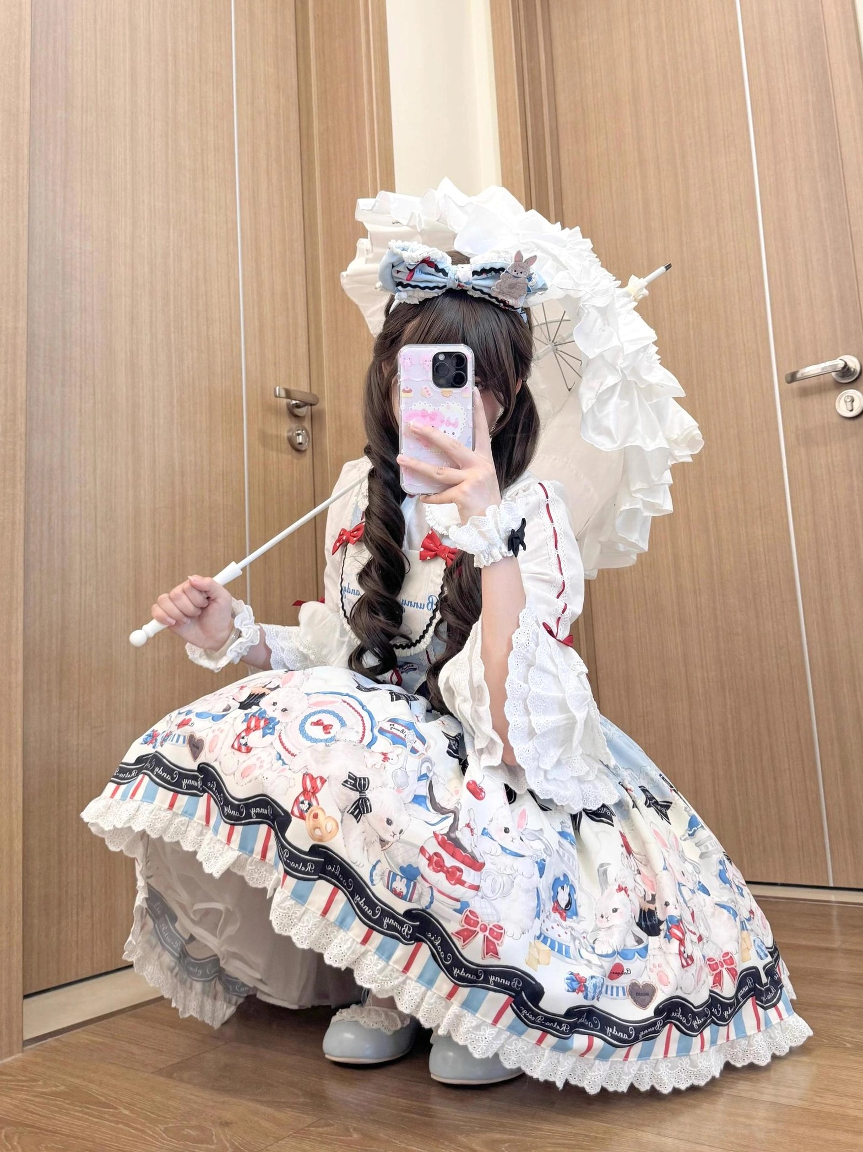 Sweet Lolita OP dress bunny print front full-body view elastic waist bust removable bow pocket detail