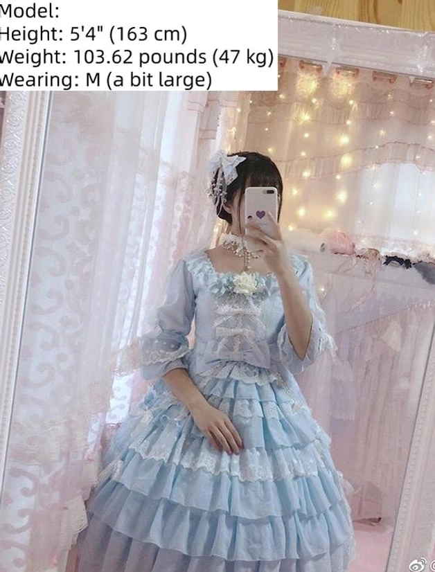 Sweet Lolita OP dress with elastic bust and waist construction, pull-on design with back shirring for comfortable fit across body types