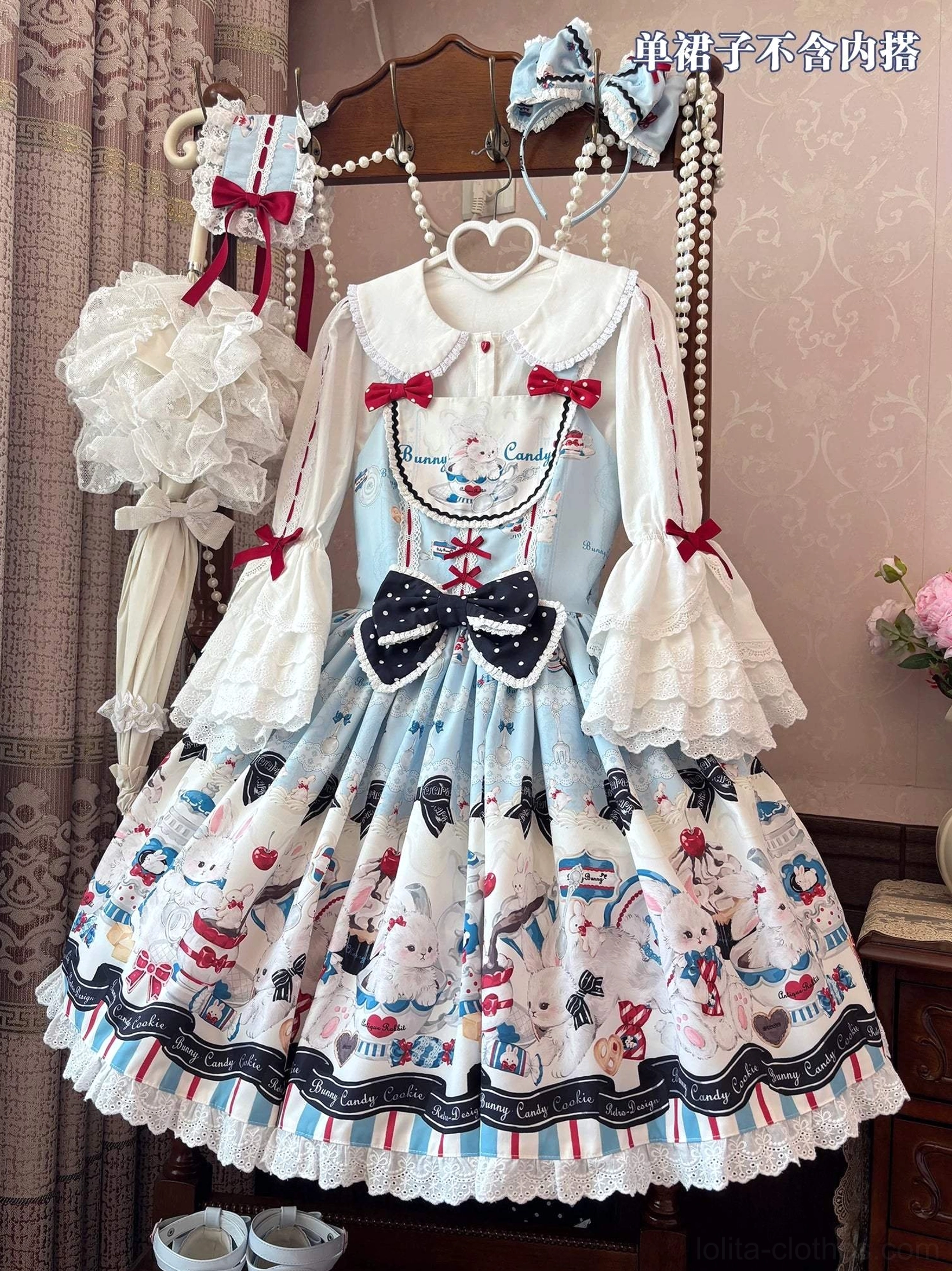 Sweet Lolita OP dress front three-quarter view complete silhouette tea party bunny print