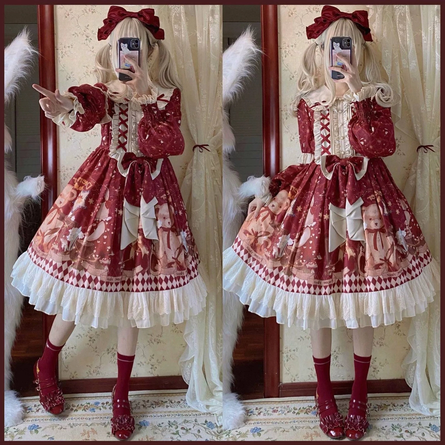 Sweet lolita OP dress left side view showing complete silhouette with wine red bear print fabric ruffled Peter Pan collar red bow and elegant A-line construction
