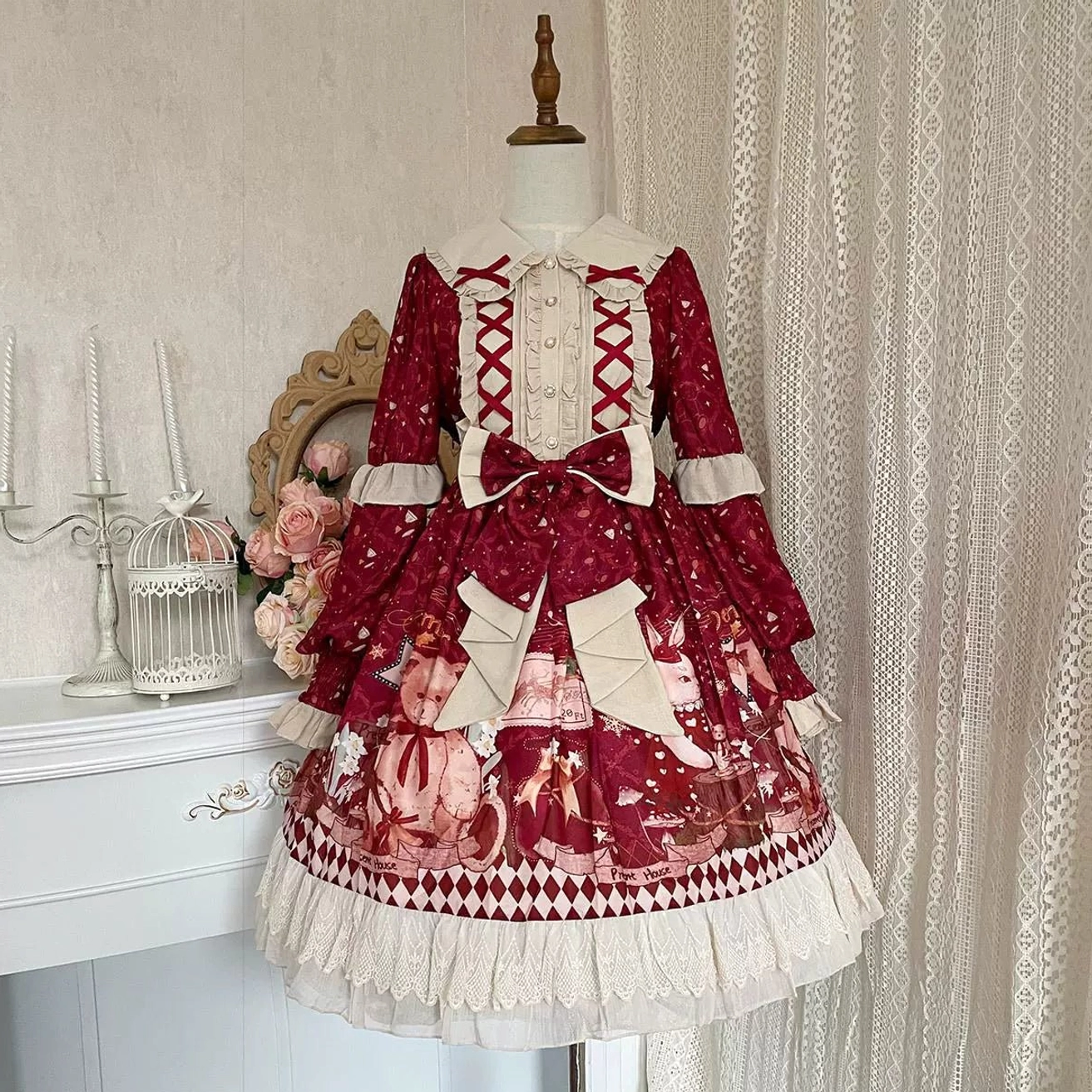 Sweet lolita OP dress only standalone garment showing wine red teddy bear print Peter Pan ruffled collar waist bow and delicate lace flounce hem details