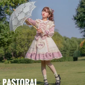 Sweet lolita one-piece dress three-quarter view grassland park model holding lace parasol ruffled long sleeves Peter Pan collar