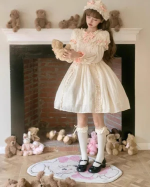 Complete Sweet Lolita OP fullset coordinate worn indoors with matching accessories including flower headdress, white frilly knee-high socks, and black Mary Jane shoes against fireplace backdrop
