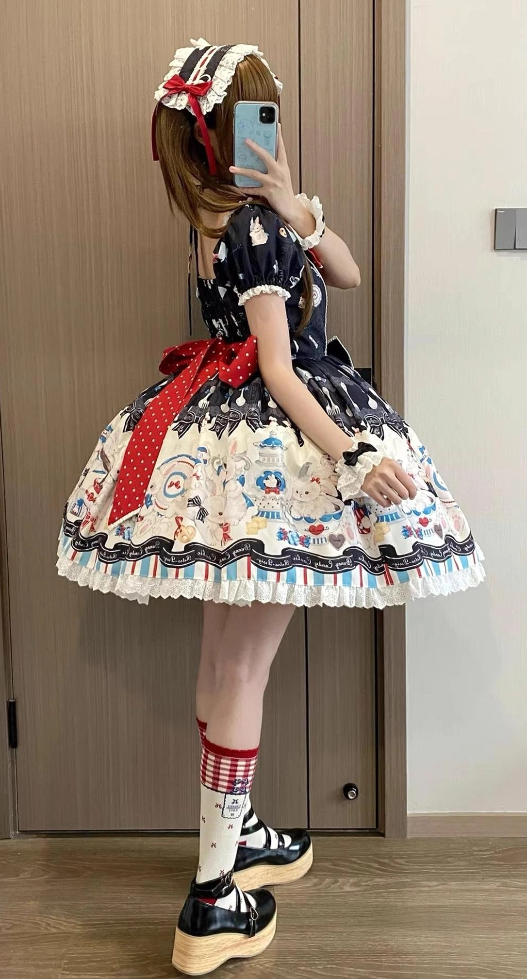 Sweet Lolita OP Overall Proper dress bunny print all-in-one silhouette side zipper detachable halter tie straps