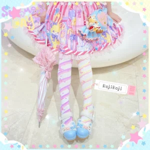 Sweet lolita over-the-knee striped socks with candy print full coordinate styling pastel pink purple stripes paired with colorful lolita skirt and mary jane shoes