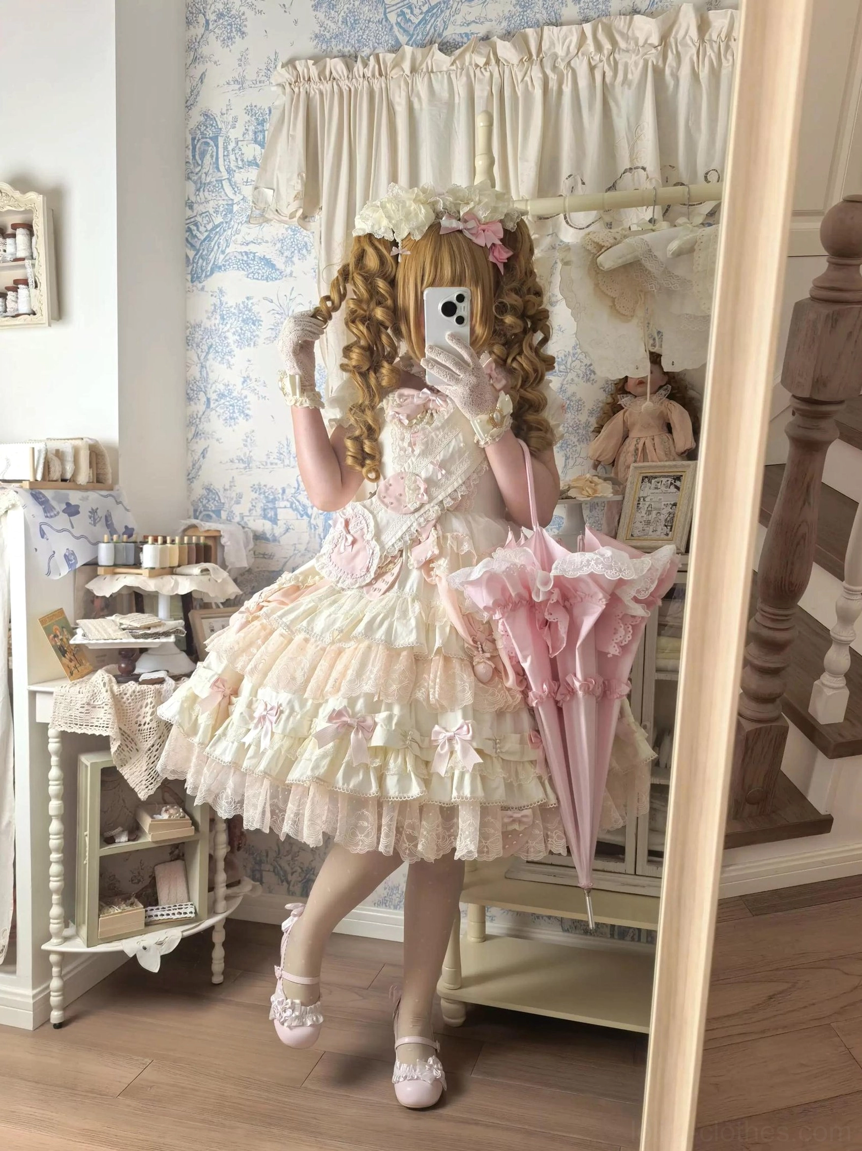 sweet lolita fashion outfit styling pink heel shoes frilly tiered dress pink parasol ruffled ankle socks vintage bedroom