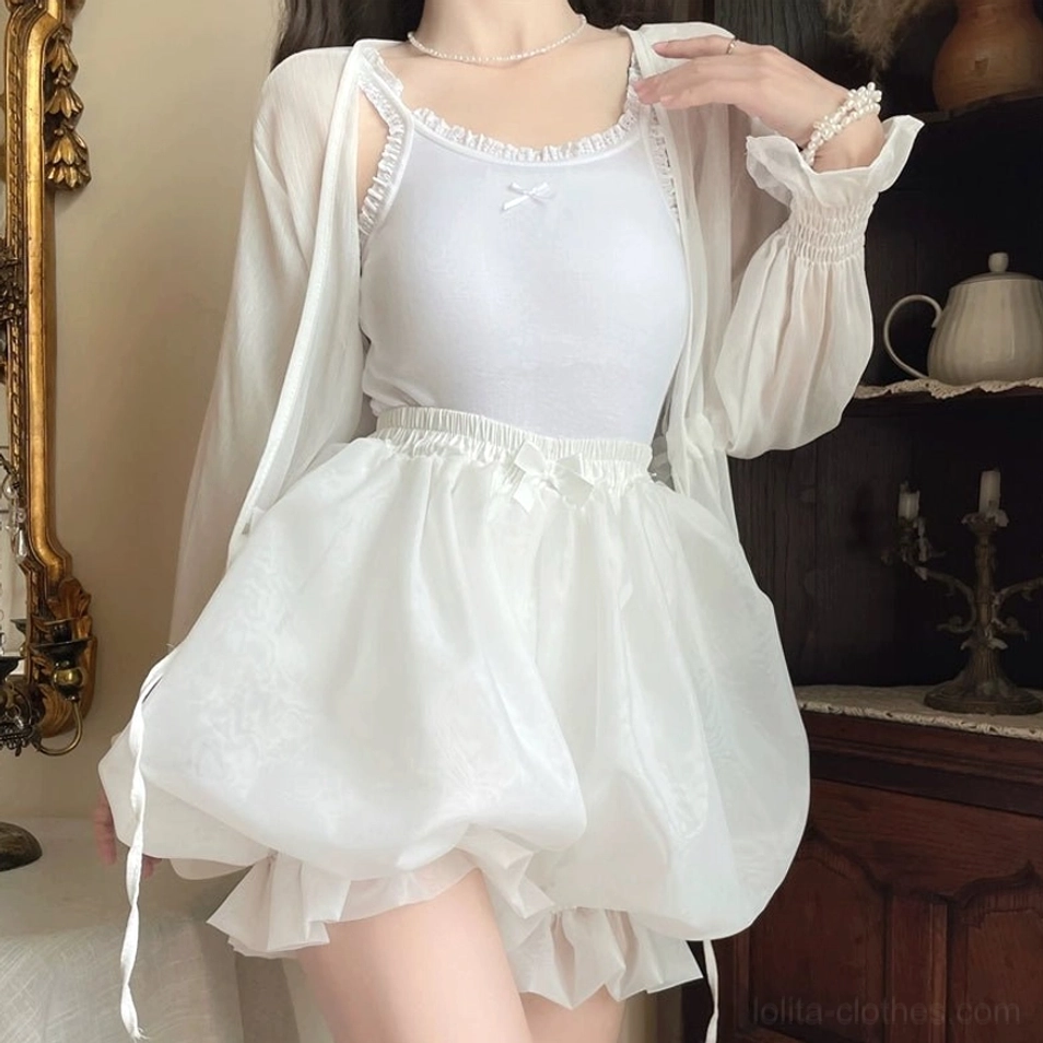 Sweet lolita full coordinate outfit featuring white organza bloomers with ruffled camisole and shirred sheer cardigan complete styling