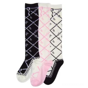 sweet lolita over-the-calf socks collection three color variants argyle bow jacquard black white pink flat lay display