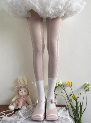 Sweet lolita lace patchwork pantyhose white color lower leg close-up showing ribbed knit texture between lace panels delicate craftsmanship
