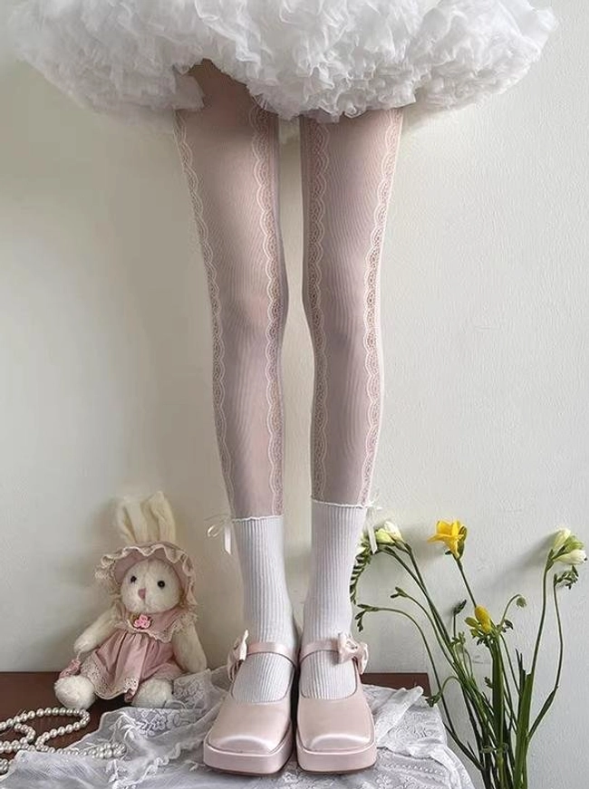 Sweet lolita lace patchwork pantyhose white color lower leg close-up showing ribbed knit texture between lace panels delicate craftsmanship