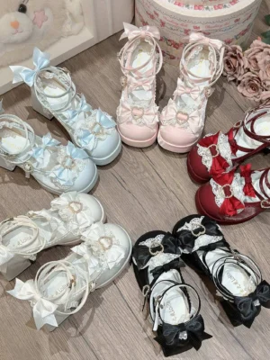 Sweet lolita heart pearl chunky platform heels collection top down flat lay view multi color colorways burgundy purple pink black white blue mary jane shoes
