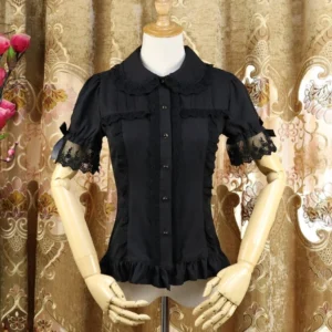 Black short-sleeve sweet lolita chiffon blouse with sheer lace sleeves and bow details, front view on mannequin, classic lolita fashion styling