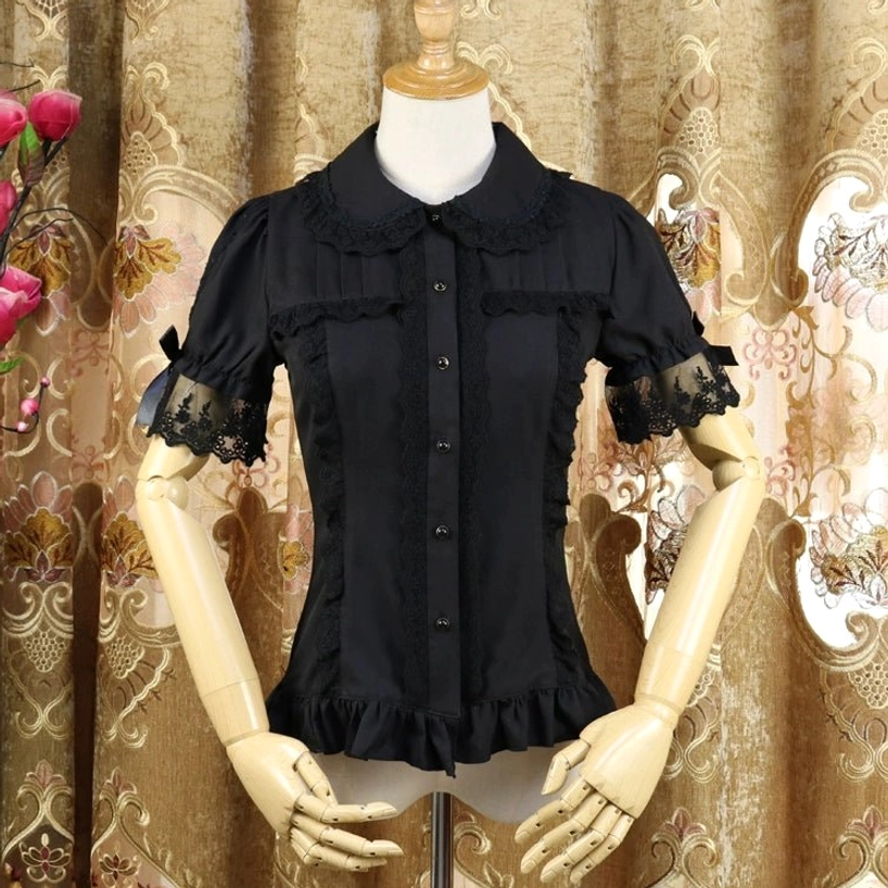 Black short-sleeve sweet lolita chiffon blouse with sheer lace sleeves and bow details, front view on mannequin, classic lolita fashion styling