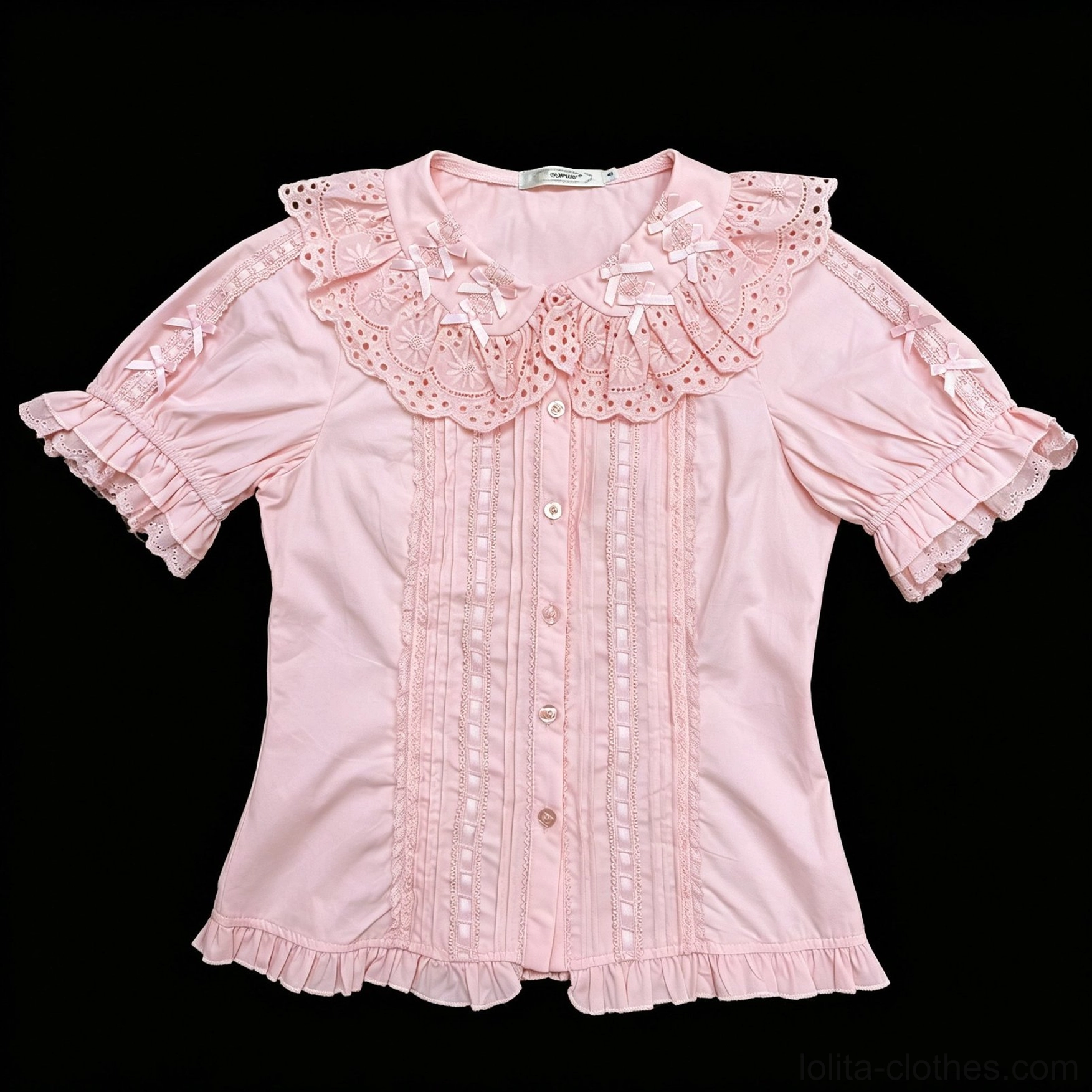 Sweet Lolita Peter Pan collar blouse cotton fabric texture and construction detail showing ruffled edges and button fasteners