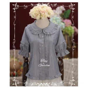 Sweet Lolita Peter Pan collar short sleeve blouse in grey blue color with double layer lace trim ruffled collar and sleeves front view on dress form