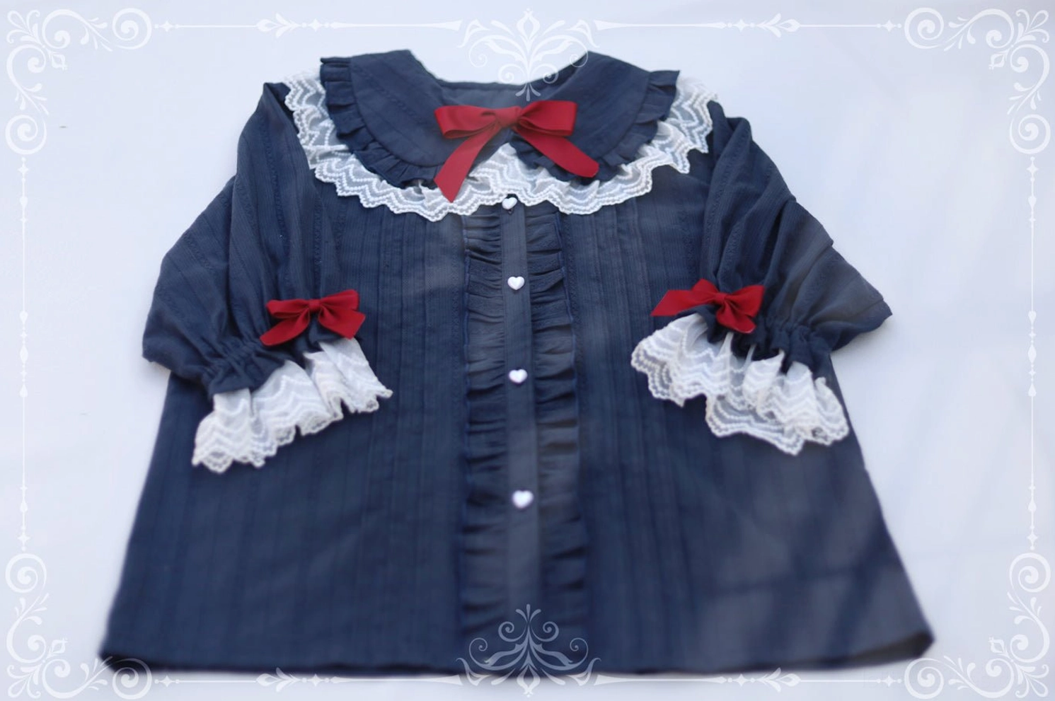 Sweet lolita peter pan collar short sleeve blouse puff sleeves lace collar pinstripe button detail front view