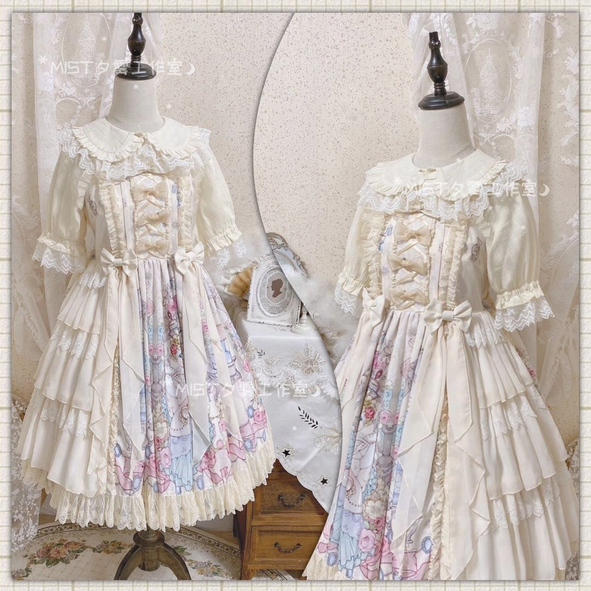 Sweet lolita peter pan collar short sleeve blouse with puff sleeves front view mannequin display with tiered ruffled skirt vintage decor