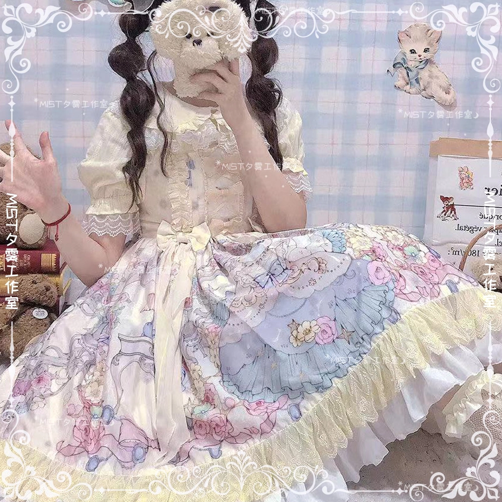 Sweet lolita peter pan collar short sleeve blouse puff sleeves lace collar front button-down placket detail