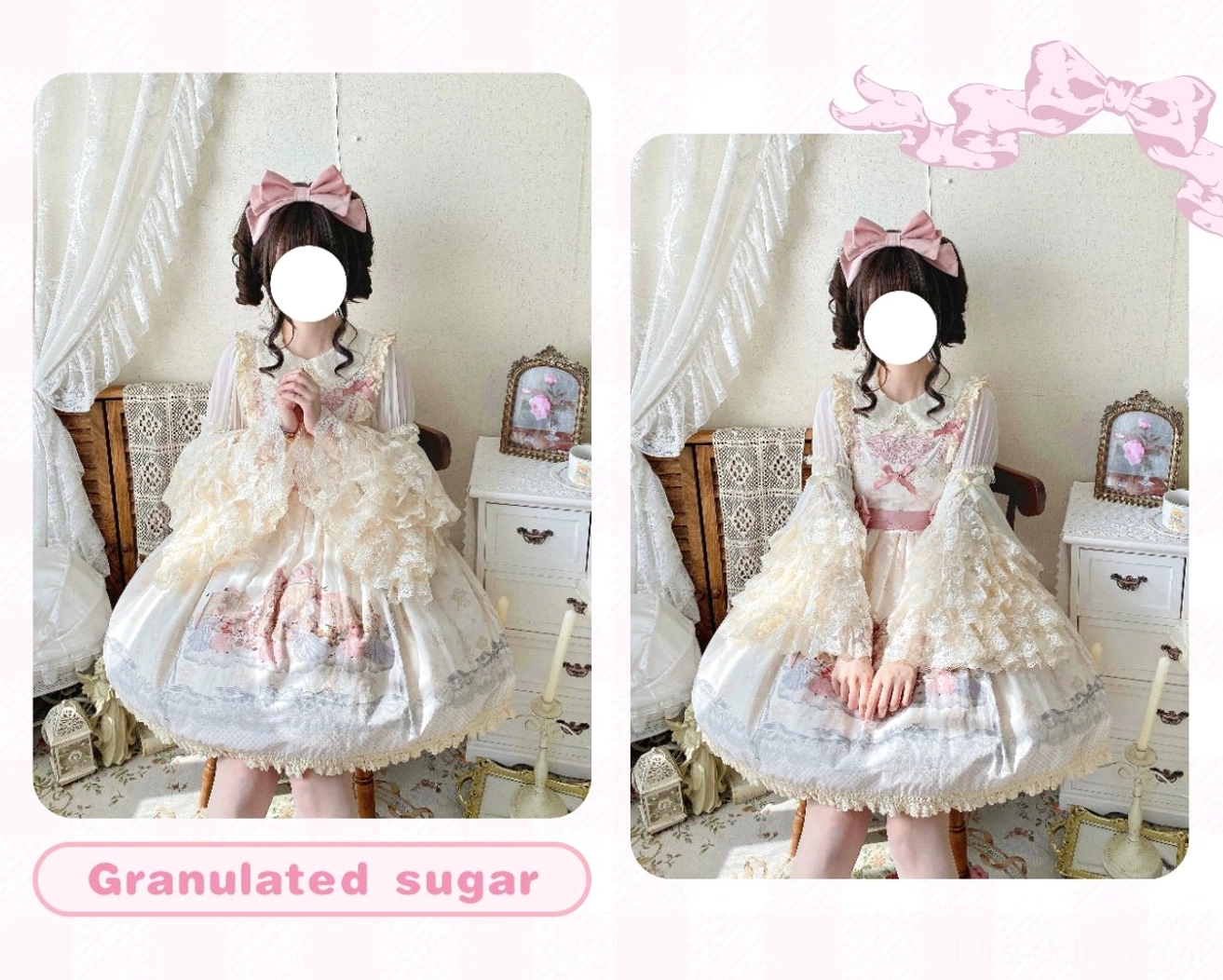 Sweet Lolita lace blouse color options black white ivory comparison hanging display all three colorways