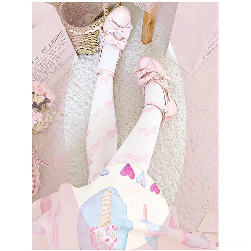 Pink Sweet Lolita bow and heart print velvet knee-high stockings with white base and pink Mary Jane shoes paired with pink Lolita skirt