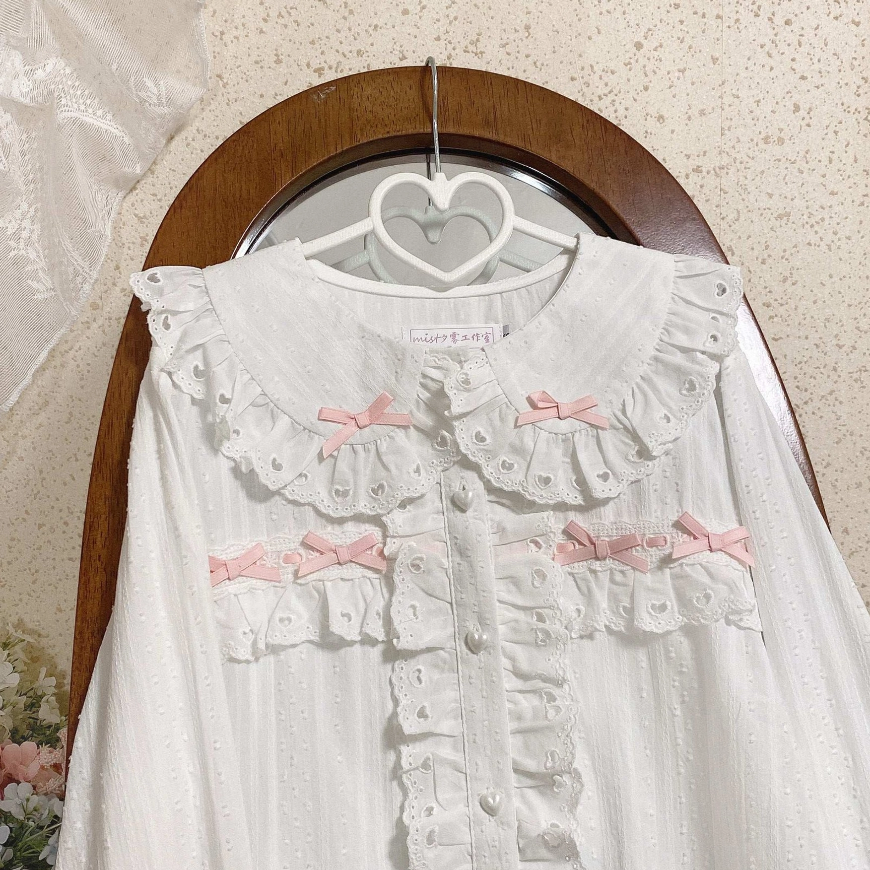 Sweet lolita doll collar blouse with pink chest bows lace ruffled collar and detailed front ruffle trim button closure