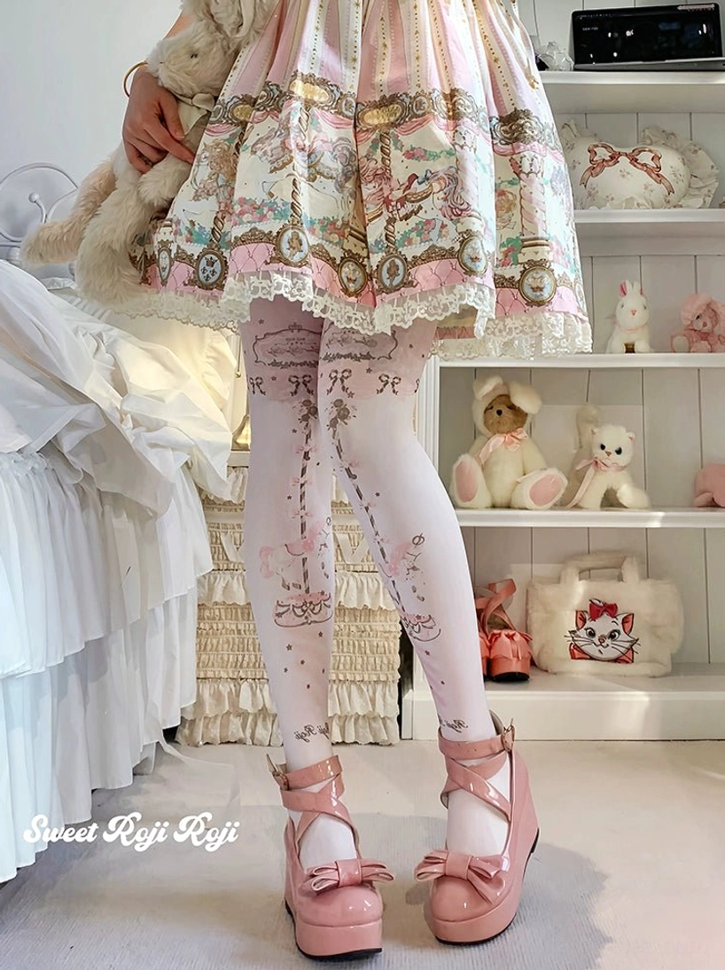 Sweet Lolita pink carousel velvet pantyhose worn with sweet Lolita skirt and pink bow platform heels in cozy bedroom setting featuring plush toys