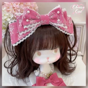 Pink floral lace sweet lolita KC hair accessory with double-layer lace trim and clustered pearl embellishments on brown mannequin with flower bouquet