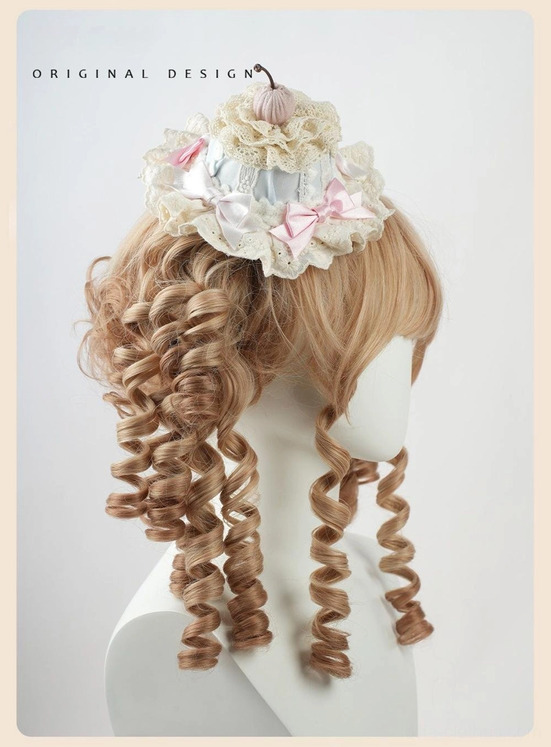 Sweet lolita pink gingham cake-themed hair fascinators with ruffled lace borders, multiple bow options, crocheted fabric center details, and decorative toppings