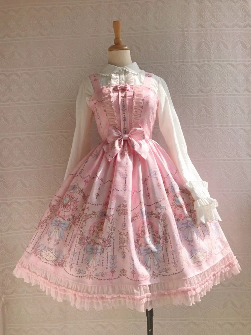 Sweet Lolita pink printed JSK dress with white ruffled long sleeves pink bodice matching vintage print skirt front waist bow and frilled lace hem