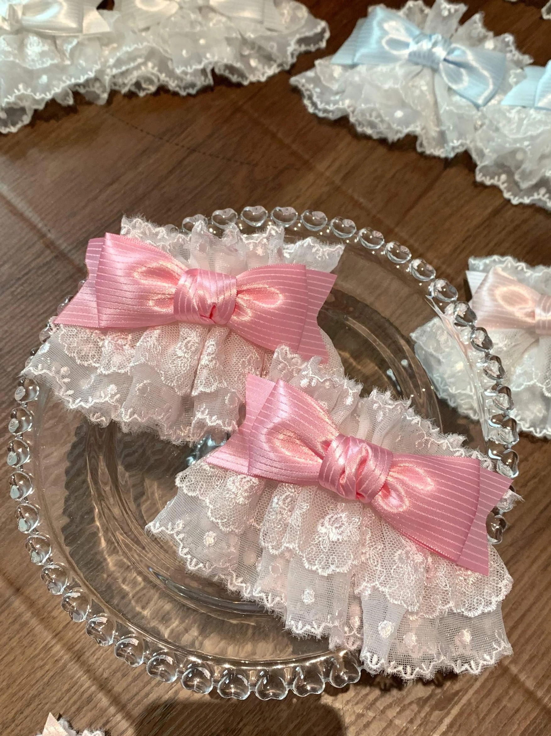 Pink lace Sweet Lolita wrist cuffs with pink satin bow matching coordinate Lolita fashion piece