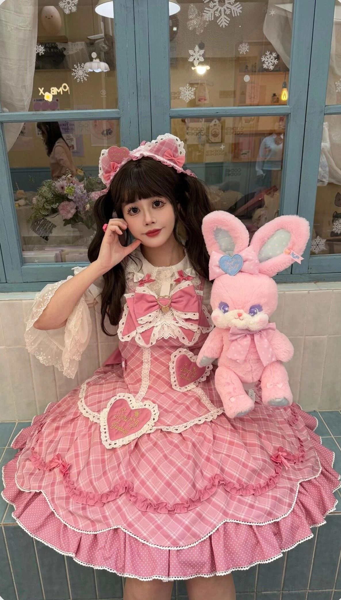 Sweet lolita plaid JSK jumper skirt coordinating blouse and hairband matching ensemble bundle showing pink gingham pattern construction with detachable accessories and coordinate styling options