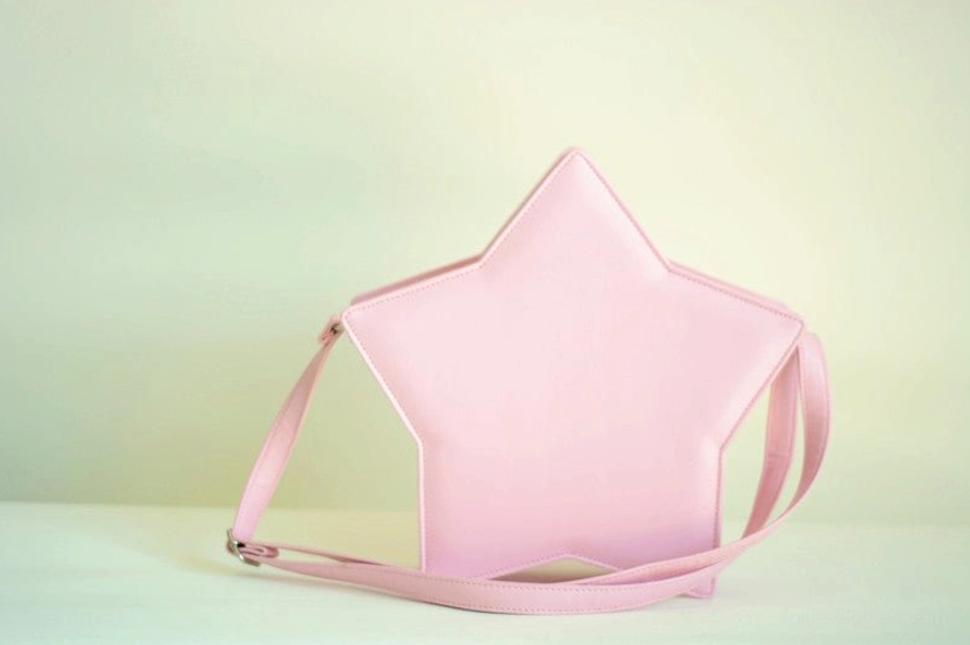 Pastel pink five-pointed star Lolita crossbody bag front flat view, handcrafted PU leather Sweet Lolita messenger with star-shaped design and adjustable shoulder strap