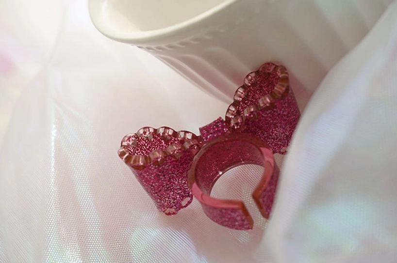 pink translucent bow ring kawaii accessory glitter embedded resin sweet lolita
