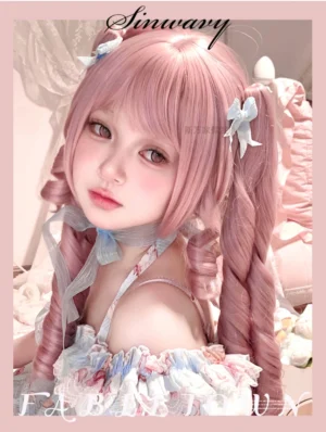 Sweet lolita wig worn by cosplay model close-up portrait pink spiral twin ponytails blue hair bows frilly lolita dress soft pink indoor background