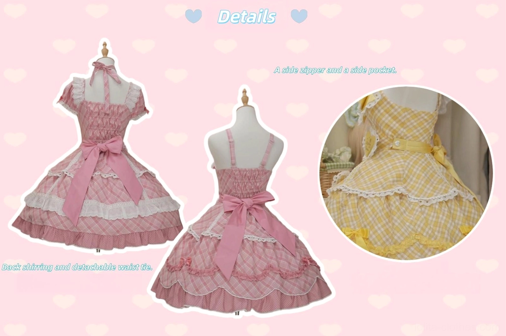Sweet lolita plaid dress style showcase featuring pink JSK jumper skirt and yellow OP one-piece dress with large detachable waist bows, ruffled skirt layers, delicate lace trim and heart patch details displayed on dress forms with front back side views