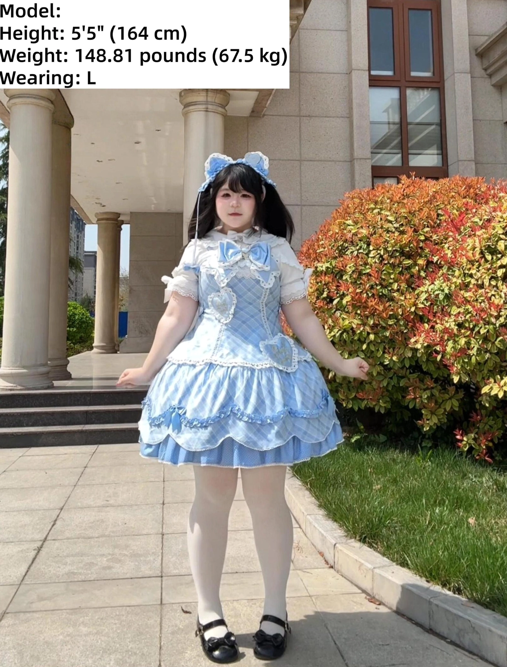 Sweet lolita coordinating blouse size chart comparison in metric and imperial units showing shirt length bust measurement and sleeve length for S M L XL 2XL sizes to pair with JSK jumper skirt or OP dress