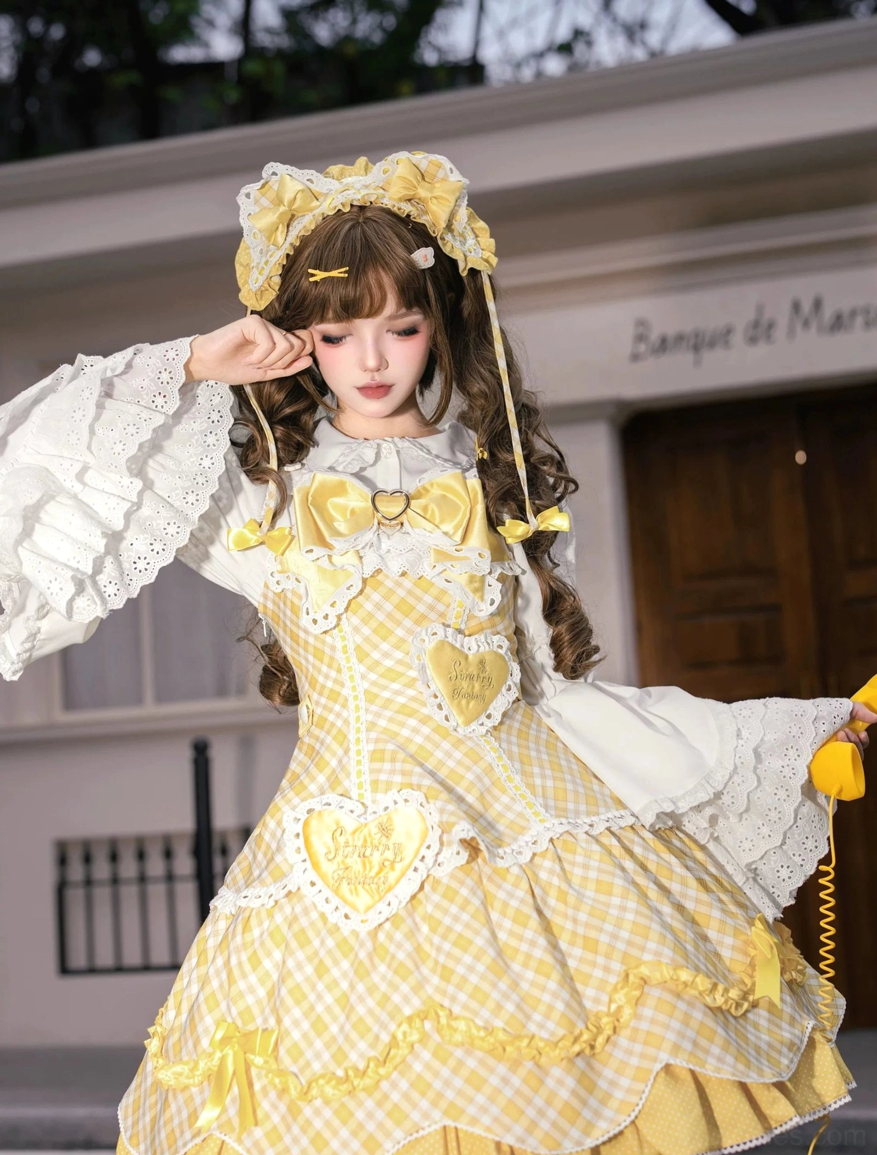 Sweet lolita plaid dress collection all color variations in pink yellow and blue gingham patterns showing complete ensemble styling with detachable accessories for different occasions and personal aesthetic preferences