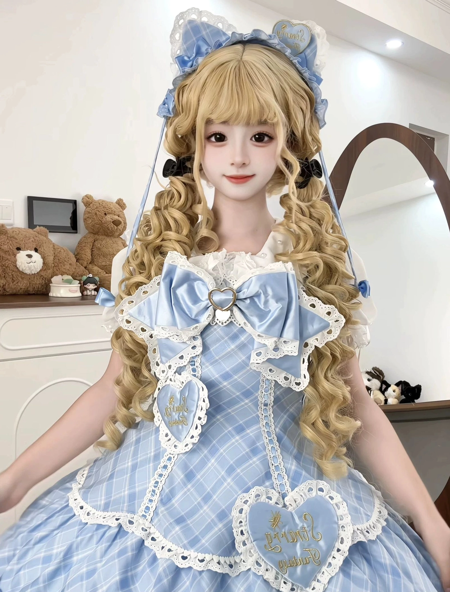 Sweet lolita plaid dress ensemble styling guide showing coordination options for JSK jumper skirt and OP one-piece dresses with detachable accessories, layering suggestions, color variations in pink yellow and blue gingham pattern for different occasions