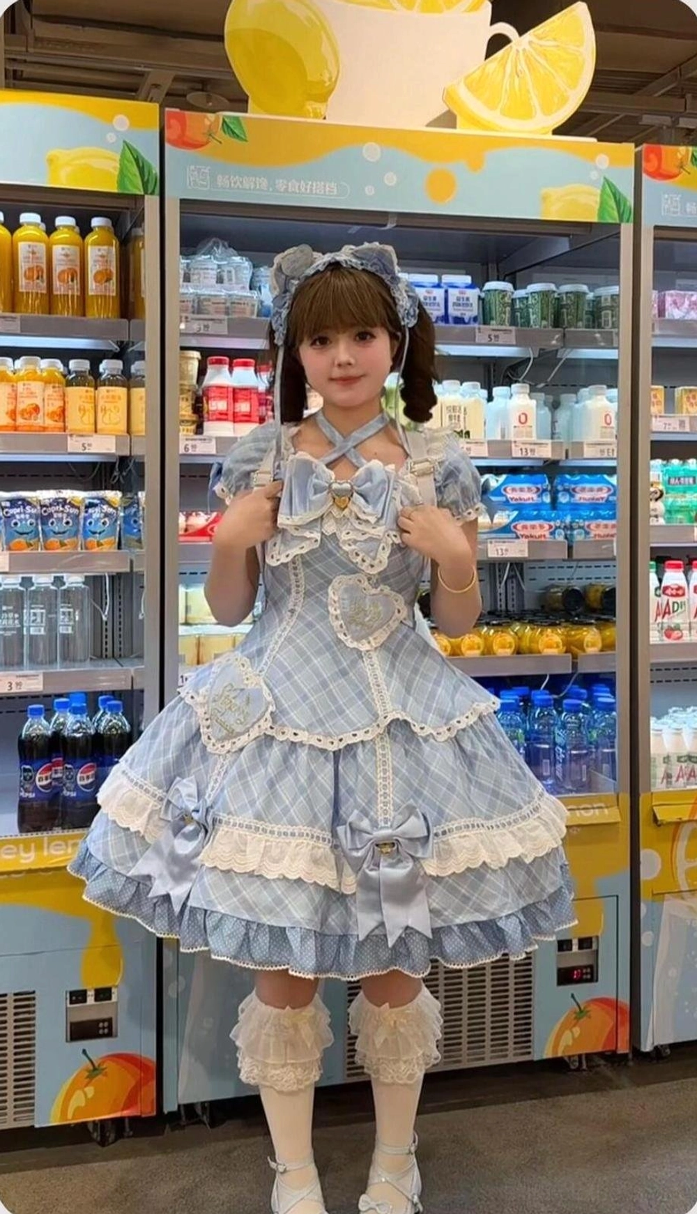 Sweet lolita plaid dress care instruction guide showing hand washing in cool water, shade air drying, storage on padded hanger, removal of detachable accessories before washing, and proper folding techniques to maintain plaid OP JSK dress structure