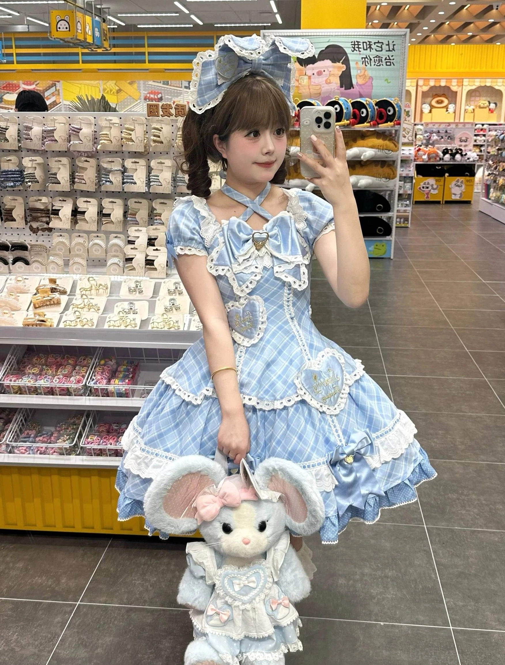 Sweet lolita plaid OP one-piece dress size chart conversion table with metric and imperial measurements for elastic bust waist dress length and sleeve length across S M L XL 2XL sizes for optimal fit selection