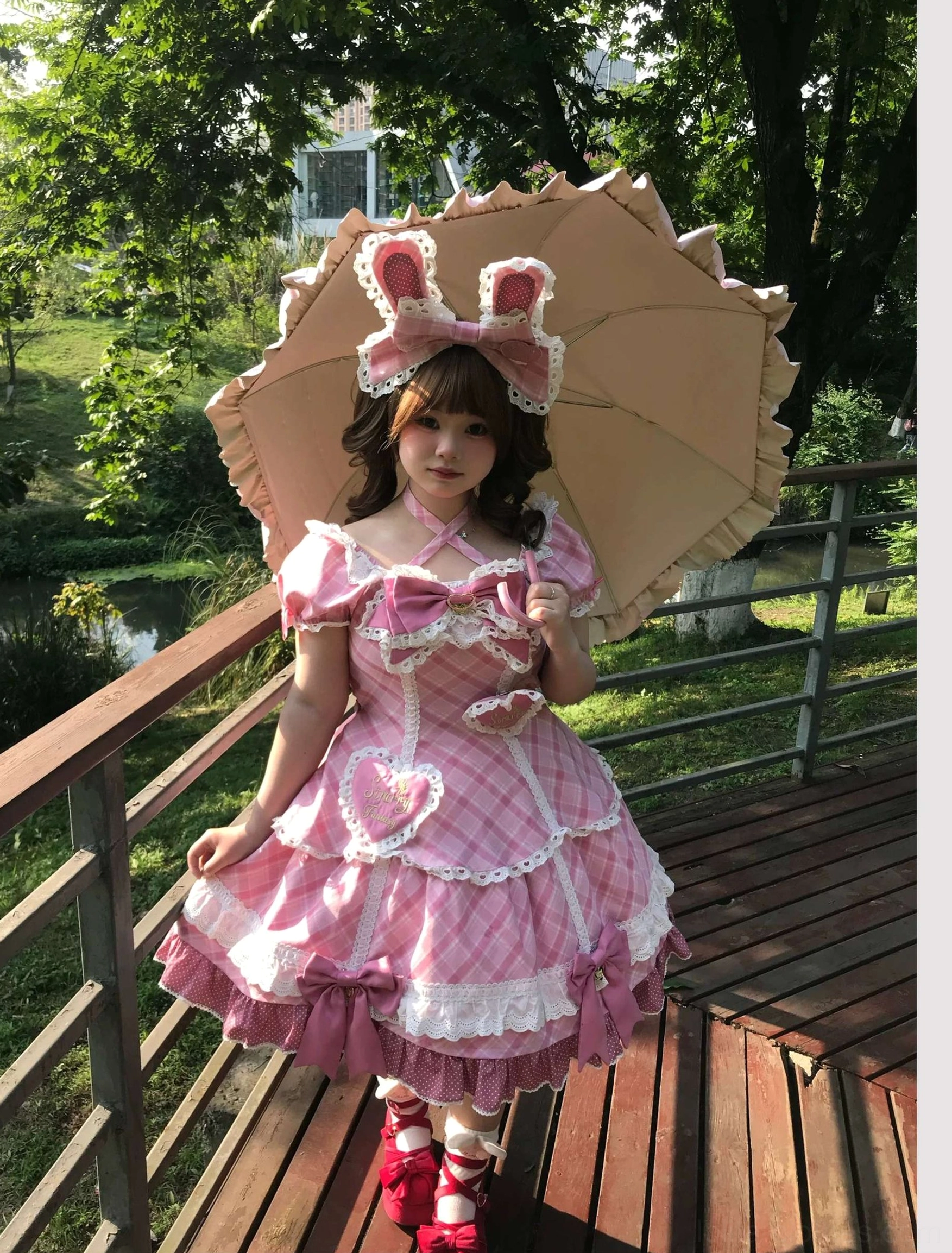 Yellow and pink plaid sweet lolita OP one-piece dress multiple color options showing detachable oversized collar bow heart patch cross collar tie and matching bunny ear hair accessories for customizable sweet lolita style