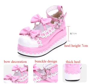Sweet Lolita platform bow shoes side view detailed showcase with 7cm heel height measurement and close-up design detail insets showing dual satin bows, adjustable ankle strap, and patent leather material