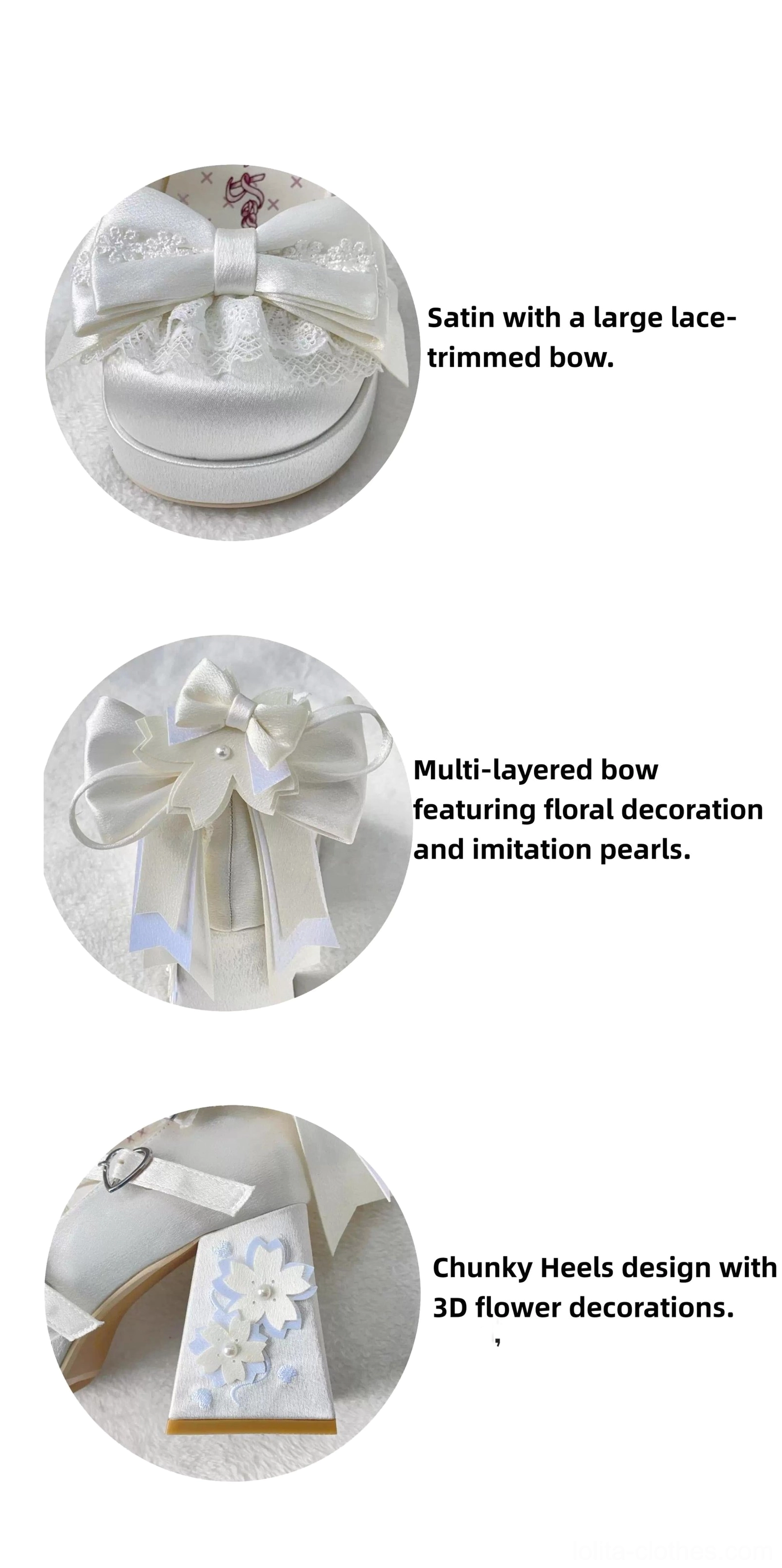Sweet lolita platform heel shoes product detail illustration showing satin shoe with lace bow multi-layer bow with floral pearl accents and chunky heel with 3D flower decorations