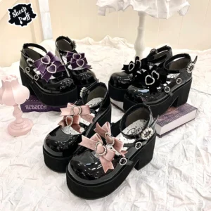 Sweet lolita punk platform heel shoes flat lay display with patent leather finish and heart-shaped metal buckles on bedroom tabletop