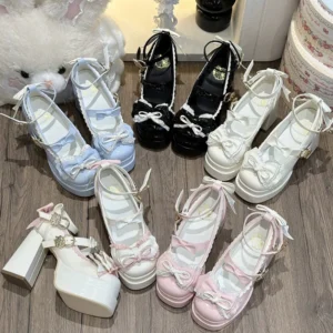 Sweet Lolita round toe platform heel shoes flat lay display multiple color variants with bows ruffles and ankle straps